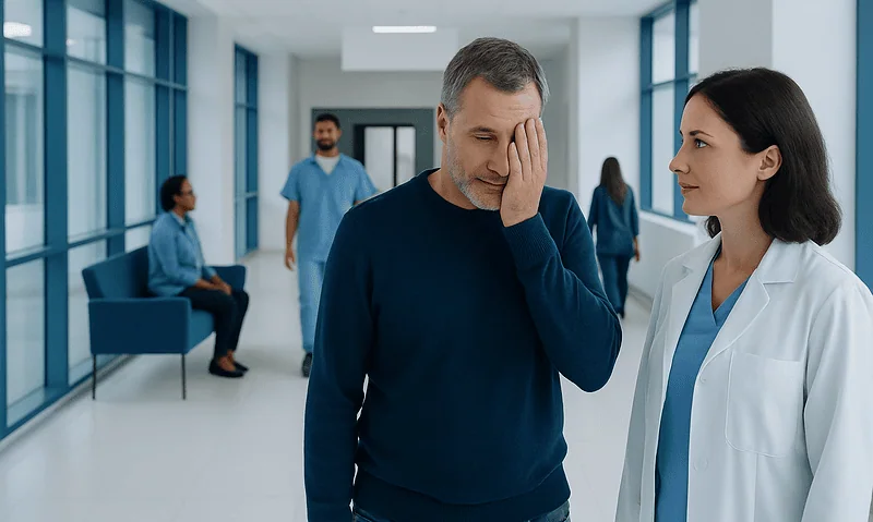 Patient experiencing visual disturbance in a hospital corridor.