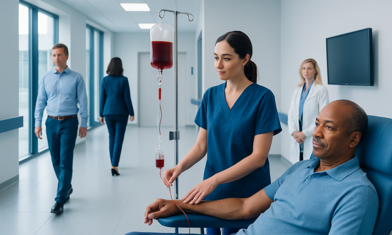Patient donating blood in a hospital blood bank with medical staff present.