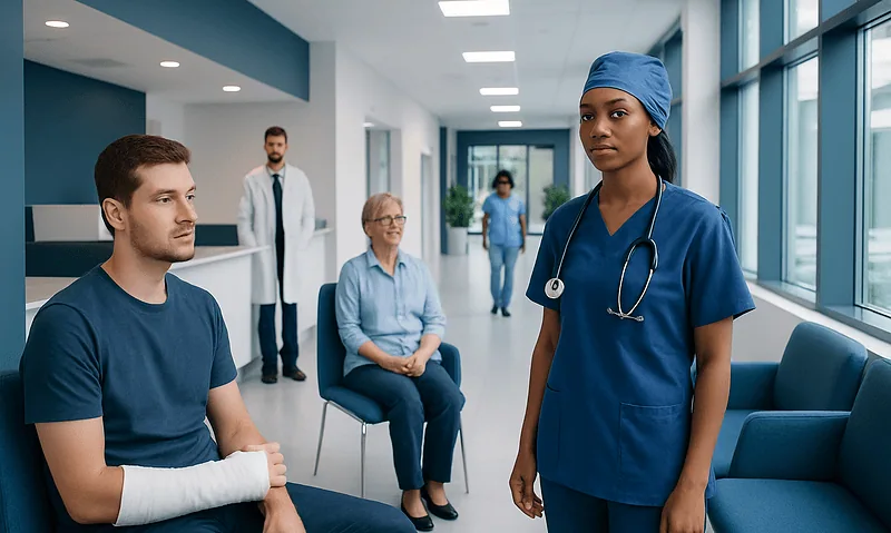 Medical consultation with a nurse and patients in a hospital corridor.