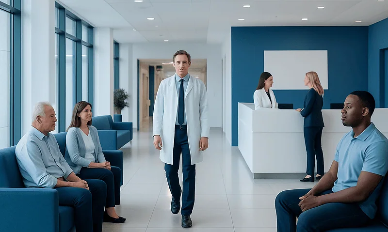 Patients waiting in a hospital lobby with a doctor walking by.