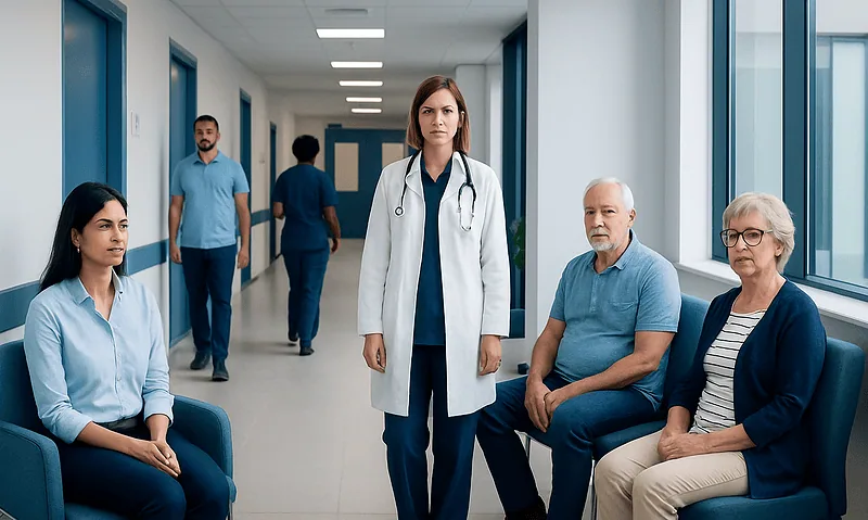 Medical team in hospital corridor with patients and healthcare professionals.