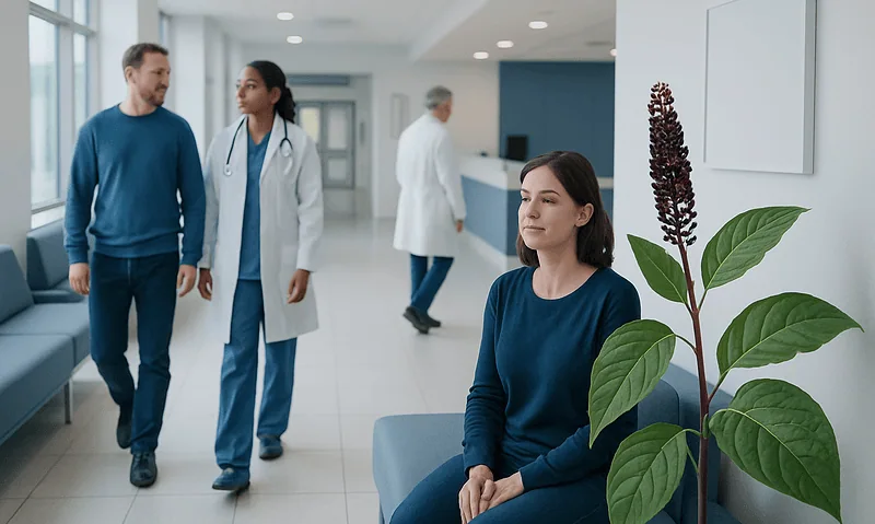 Patient waiting in hospital corridor with medical staff nearby.