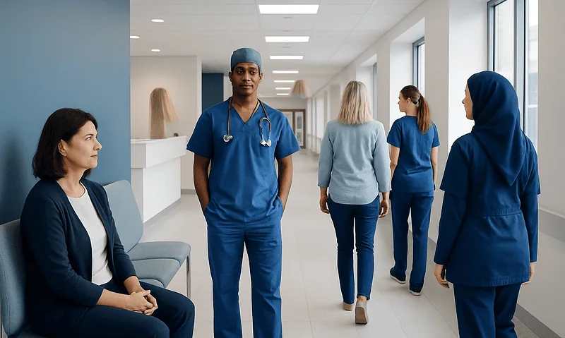 Healthcare professionals and patient in hospital corridor at Acibadem Hospitals Group.