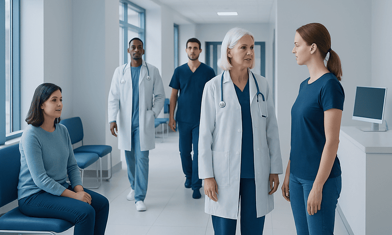Medical team discussing patient care in hospital corridor.