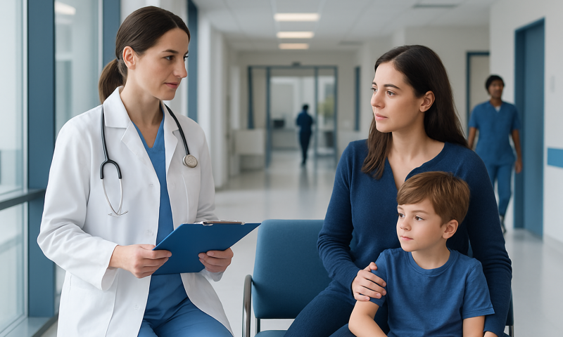 Doctor consulting with mother and child in hospital corridor.