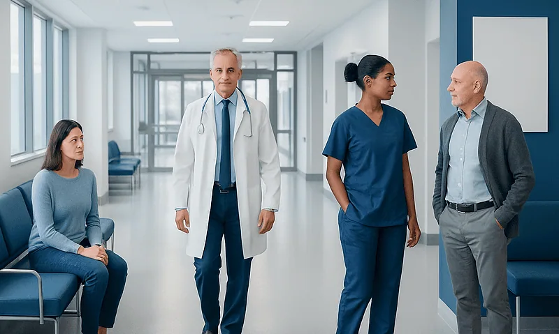 Medical consultation in a hospital corridor with doctor and nurses.