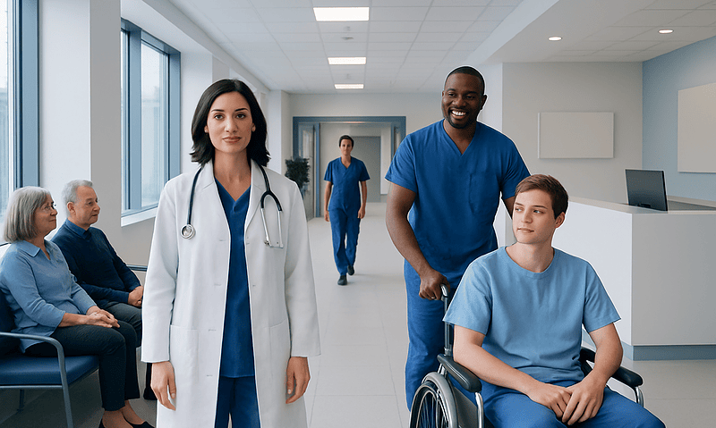 Medical team with patient in hospital corridor at Acibadem Hospitals Group.