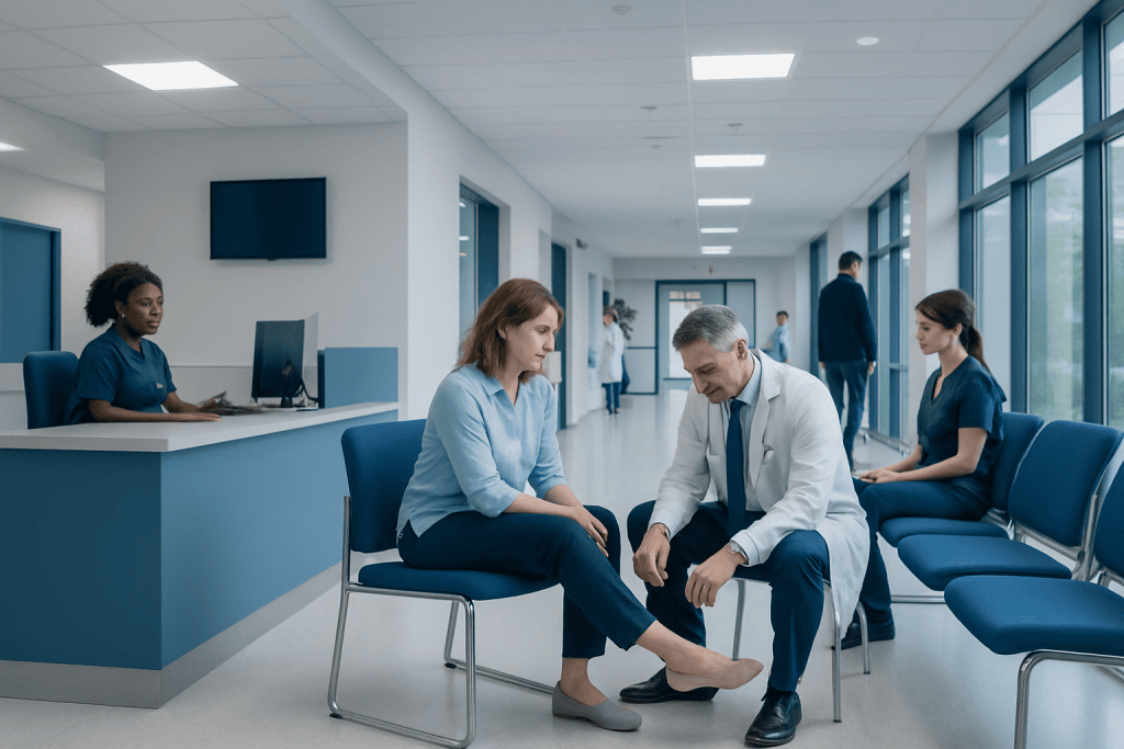 Pedal Pulse: What Patients Need to Know 1 Doctor examining patient's foot in a modern hospital corridor.