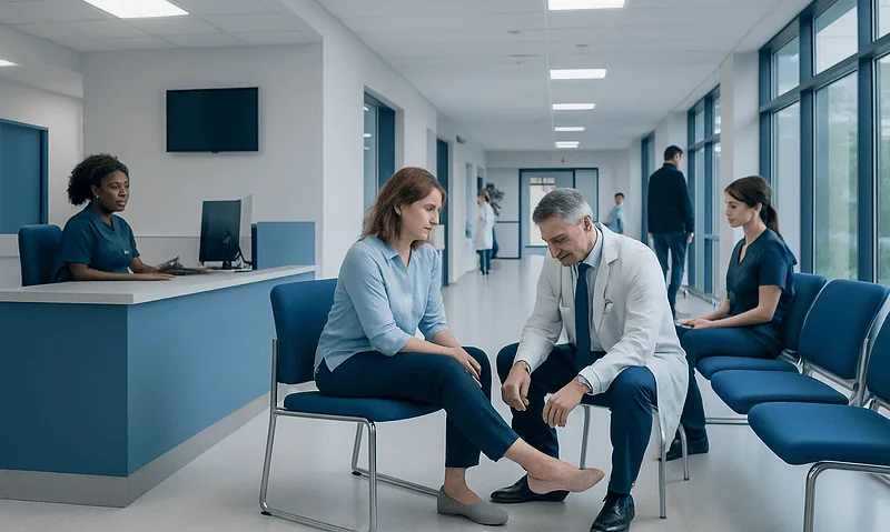 Doctor examining patient's foot in a modern hospital corridor.