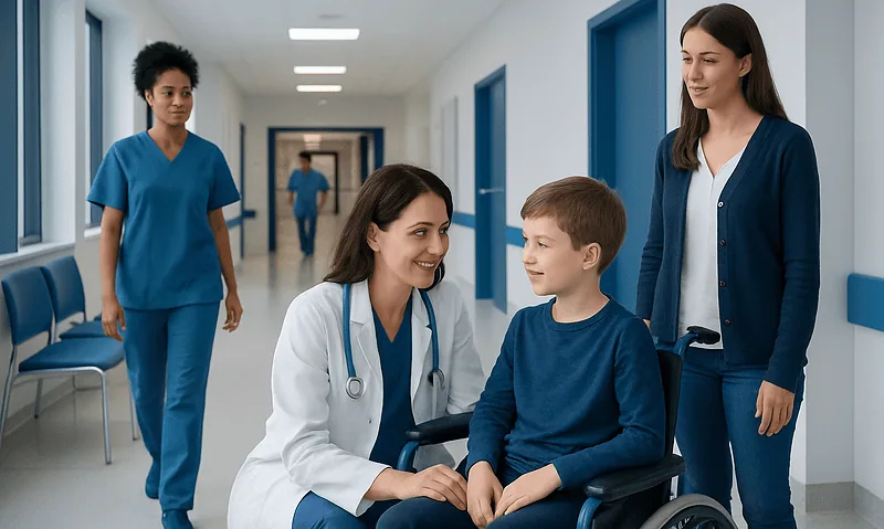 Pediatric patient with medical staff in hospital corridor.