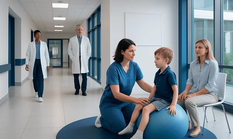 Pediatric Physical Therapy Continuing Education: How It Works, Results and What to Expect 15 Pediatric physical therapy session in a hospital corridor with medical staff and a young patient.