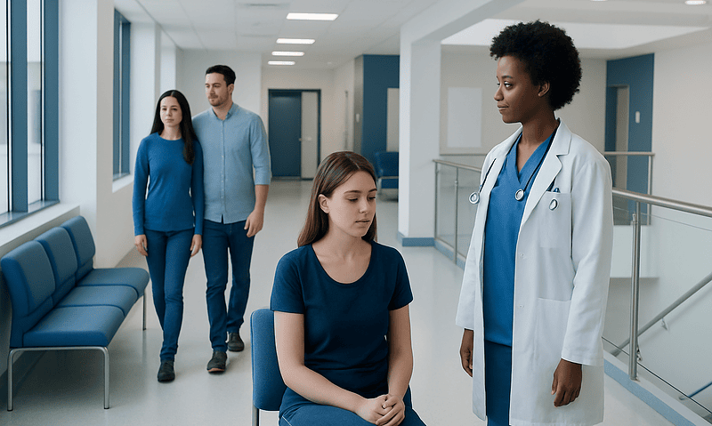 Medical consultation with a female doctor and patients in a hospital corridor.