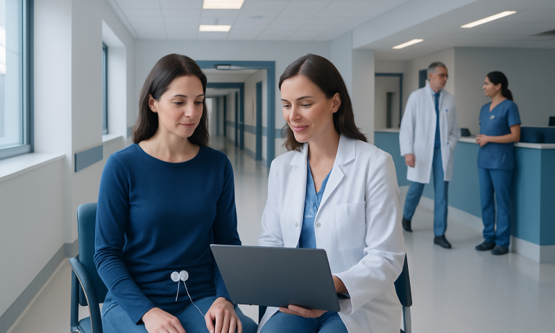 Doctor consulting with patient in hospital corridor.