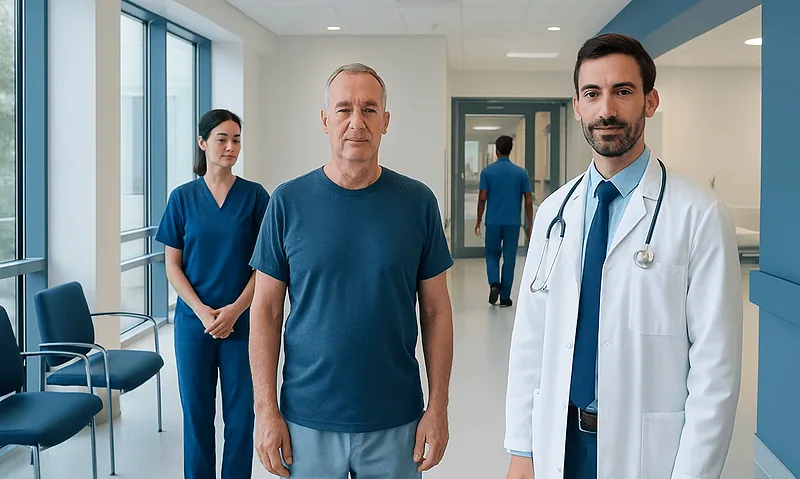 Medical team with patient in hospital corridor at Acibadem Hospitals Group.