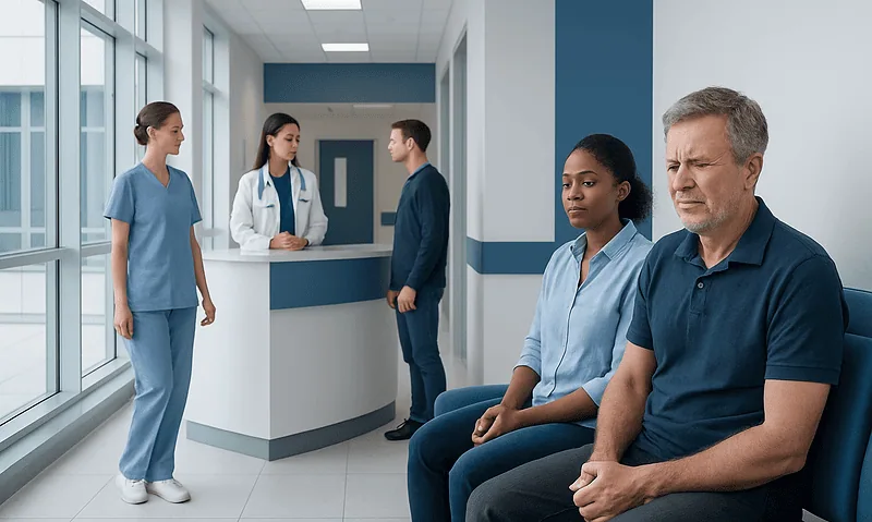 Patients waiting in a hospital corridor with medical staff nearby.