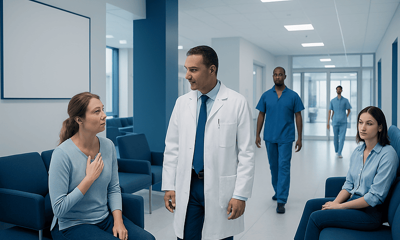 Doctor consulting with a patient in a hospital corridor.