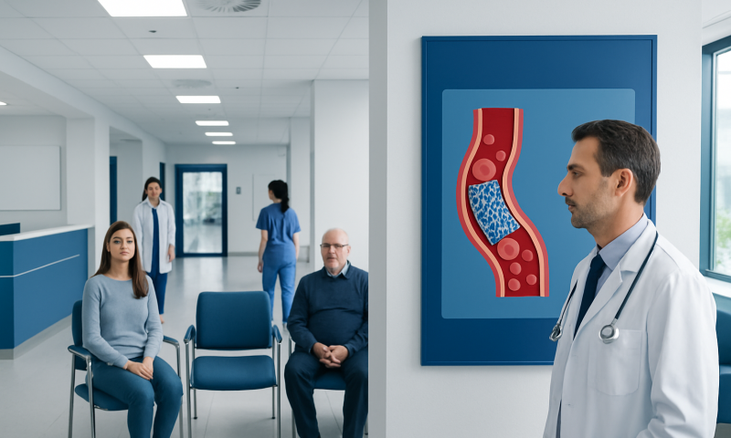 Cardiologist explaining artery blockage to patients in hospital corridor.