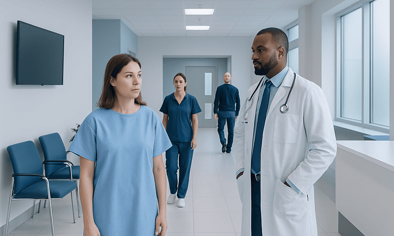 Perfusion MRI: Procedure, Recovery and Results 10 Doctor discussing with a patient in hospital corridor during a medical consultation.