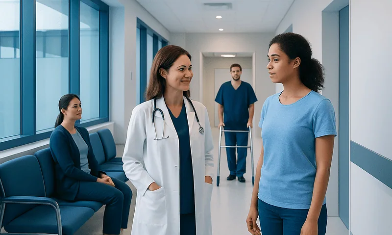 Doctor talking to a patient in a hospital corridor with other patients nearby.