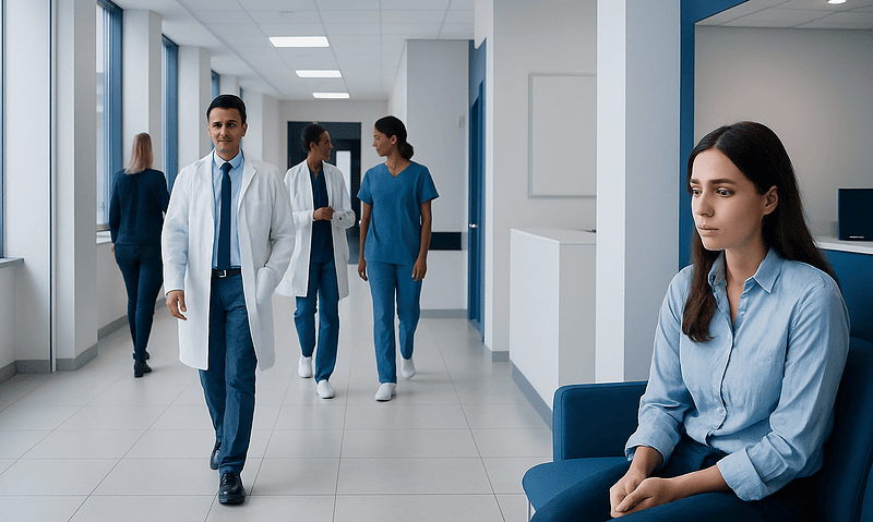 Philophobia Fear: What Patients Need to Know 15 Young woman waiting in hospital corridor with medical staff nearby.