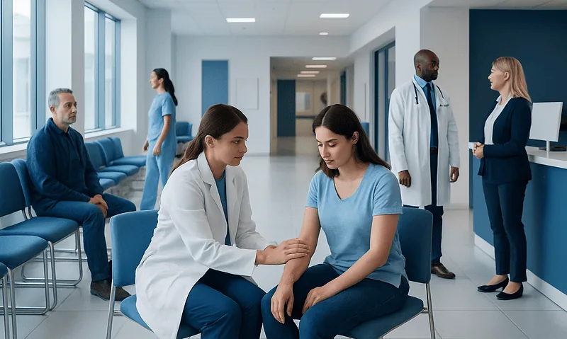 Medical consultation in a hospital waiting area with healthcare professionals and patients.