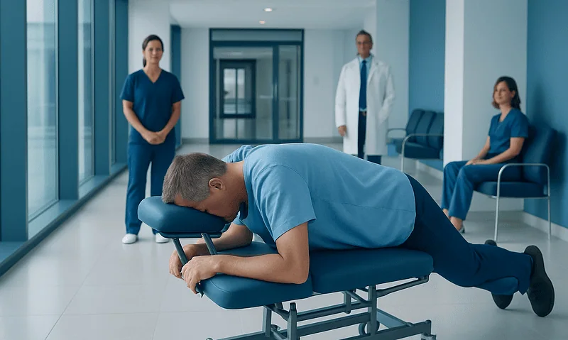 Patient lying face down on a medical examination table in a hospital corridor.