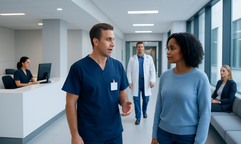 Healthcare professionals discussing patient care in hospital corridor.