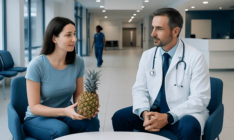 Doctor consulting woman holding pineapple in hospital setting.