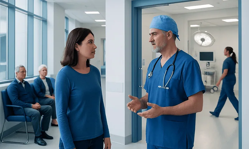 Doctor discussing with patient in hospital corridor for pituitary tumor treatment.