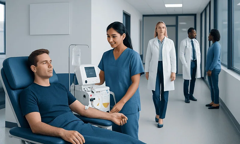Patient undergoing plasma exchange treatment in a hospital setting.