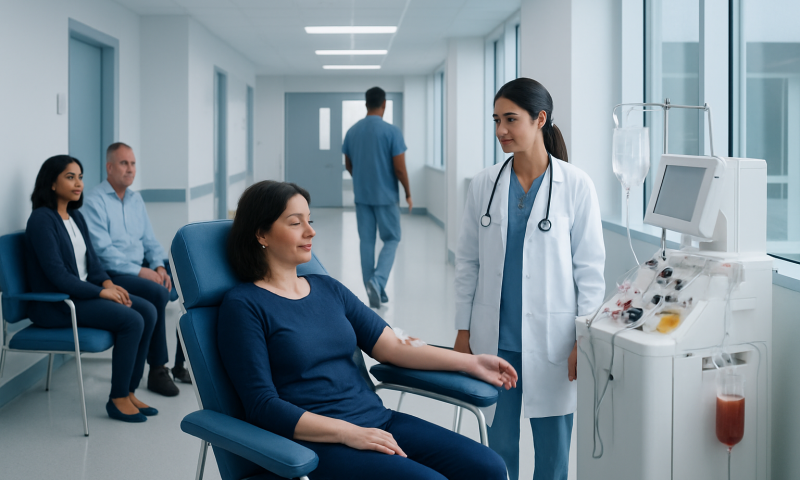 Patient receiving plasma exchange therapy in a hospital setting.