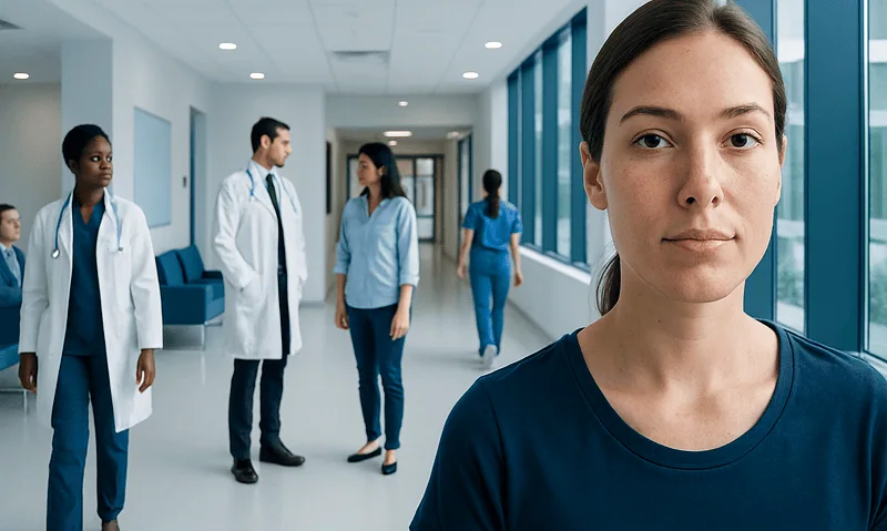 Young woman in hospital corridor with medical staff in background.