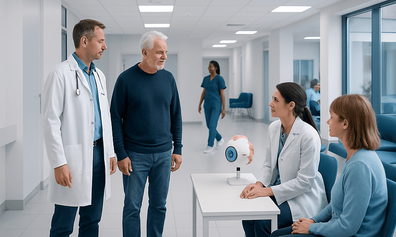 Medical consultation with doctors and patient in hospital corridor.