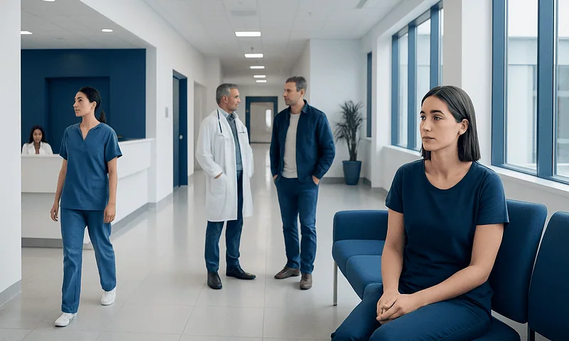 Patients and medical staff in a modern hospital corridor.