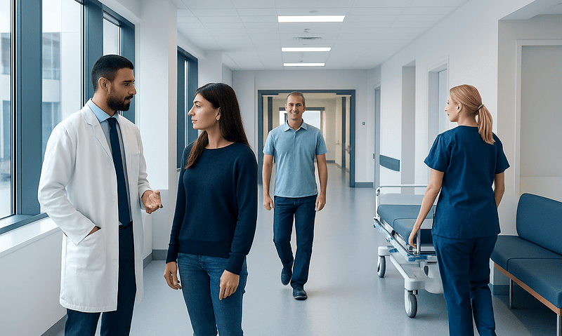 Doctors and nurses in hospital corridor discussing patient care.