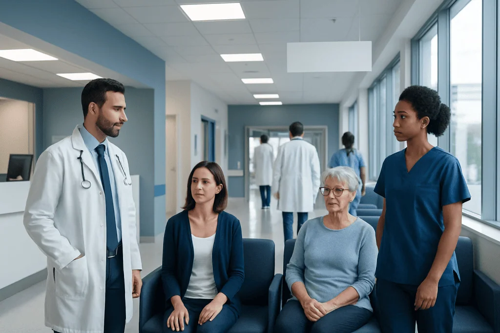 Do Power Lines Give Off Radiation: How It Works, Results and What to Expect 1 Medical team consulting with elderly patient in hospital corridor.