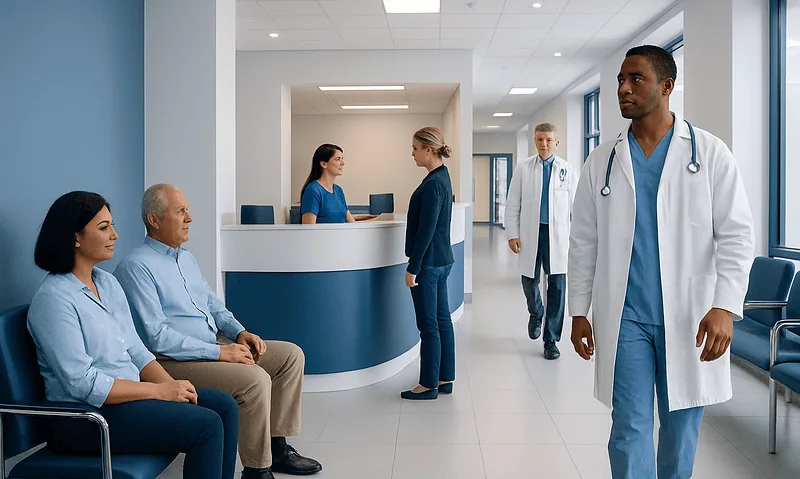Medical staff and patients in a modern hospital corridor.