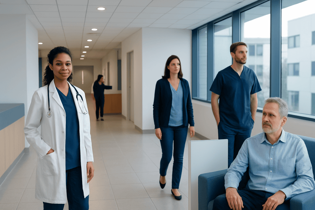 Procedure Code 92015: An Evidence-Based Patient Guide 1 Healthcare professionals and patient in hospital corridor at Acibadem Hospitals Group.