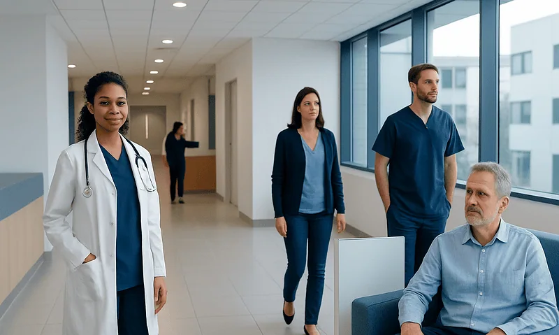 Healthcare professionals and patient in hospital corridor at Acibadem Hospitals Group.
