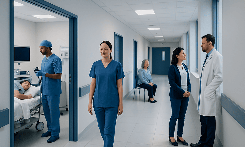 Hospital corridor with medical staff and patients in a modern healthcare facility.