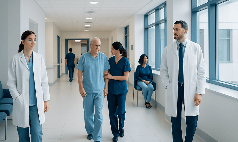 Procedure Guidelines: An Evidence-Based Patient Guide 5 Medical professionals and patients in a modern hospital corridor.