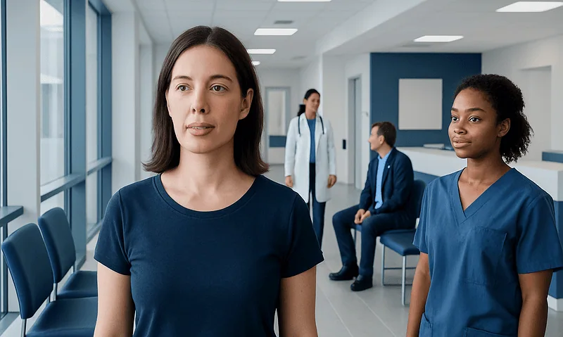 Medical professionals in a hospital corridor with a woman in the foreground.