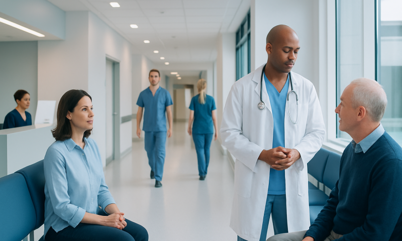 Doctor consulting with a patient in a hospital corridor.