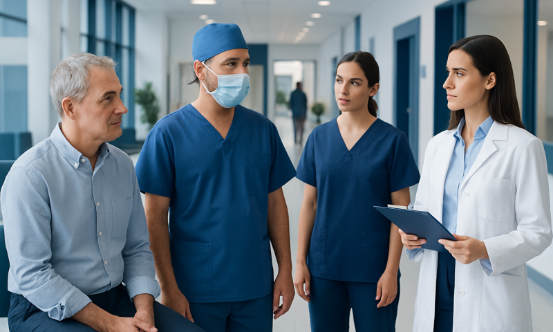 Medical team discussing patient care in hospital corridor.