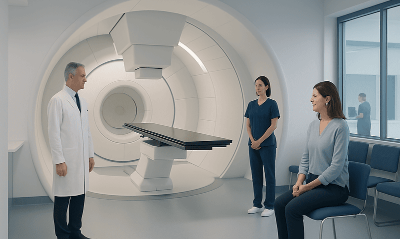 Patient and medical staff in a proton therapy room at Acibadem Hospitals Group.
