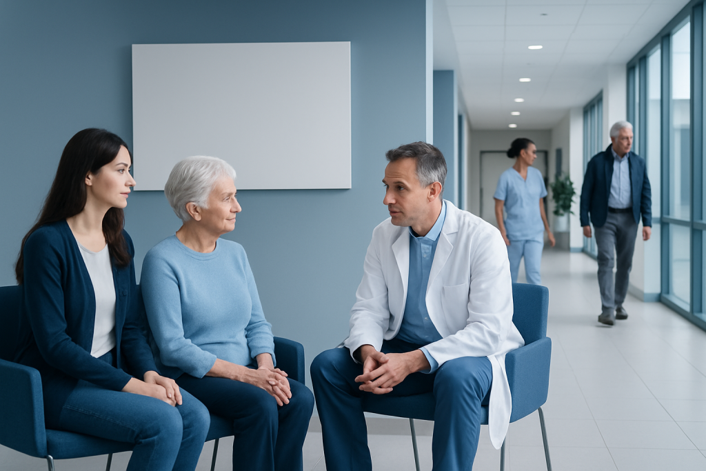 Proton Therapy Tumors: How It Works, Results and What to Expect 1 Doctor consulting with elderly patient in hospital corridor.