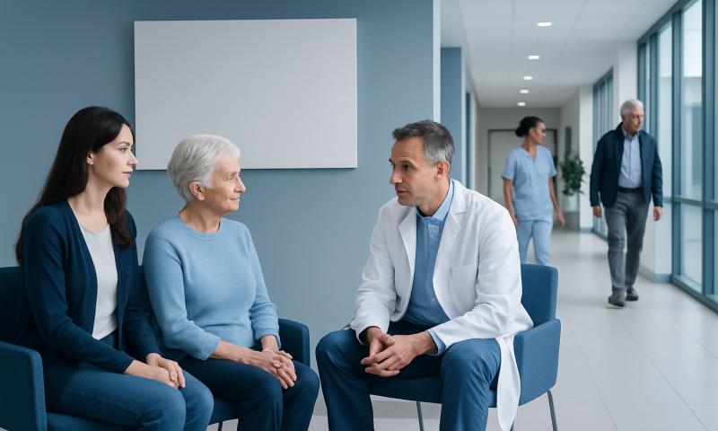 Doctor consulting with elderly patient in hospital corridor.