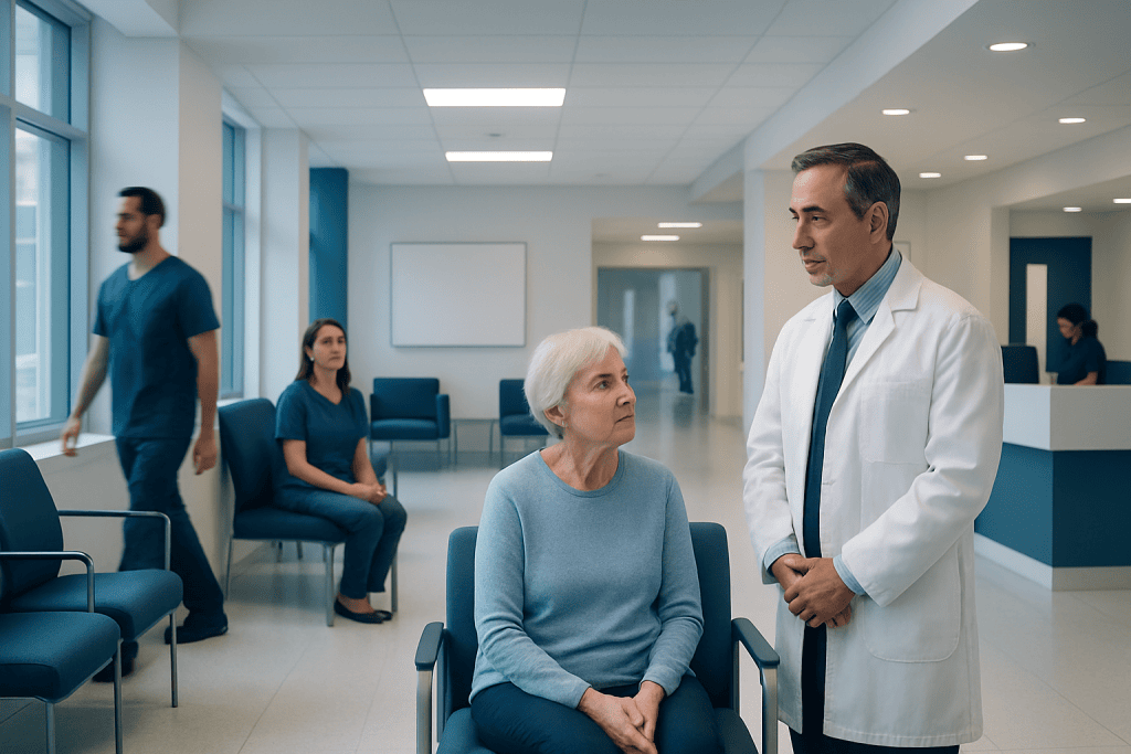 Proton Therapy Side Effects: What to Expect and How to Manage 1 Doctor consulting elderly patient in hospital waiting area.