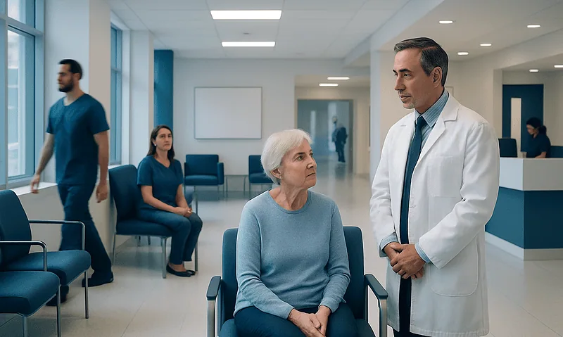 Doctor consulting elderly patient in hospital waiting area.