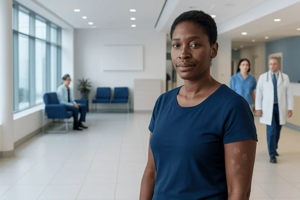 Psoriasis in Black: What Patients Need to Know 1 African American woman patient in hospital waiting area with medical staff in background.